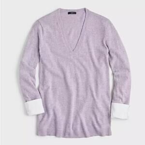 J Crew XXS Purple V Neck Relaxed Pullover Layered Sweater White Cuffs Wool Blend